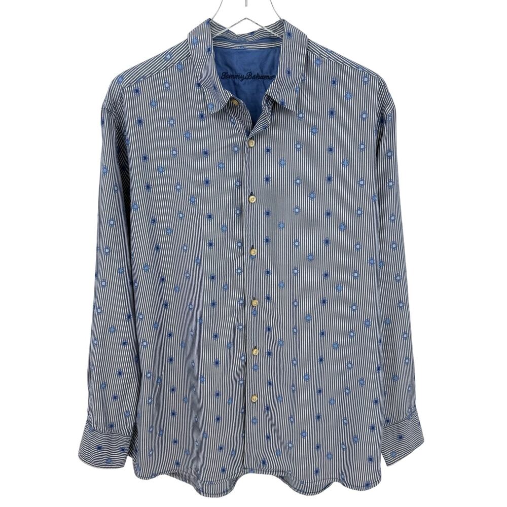 Tommy Bahama Mens Large Silk Blend Button Down Shirt Blue White Stripe Geometric